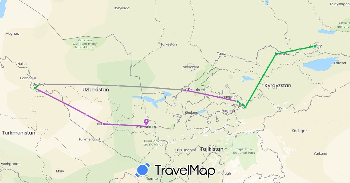 TravelMap itinerary: driving, bus, plane, train in Kyrgyzstan, Kazakhstan, Uzbekistan (Asia)